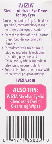 iVIZIA Sterile Lubricant Eye Drops for Dry Eyes, Preservative-Free, Moisturizing, Dry Eye Relief, Contact Lens Friendly, 0.33 fl oz Bottle