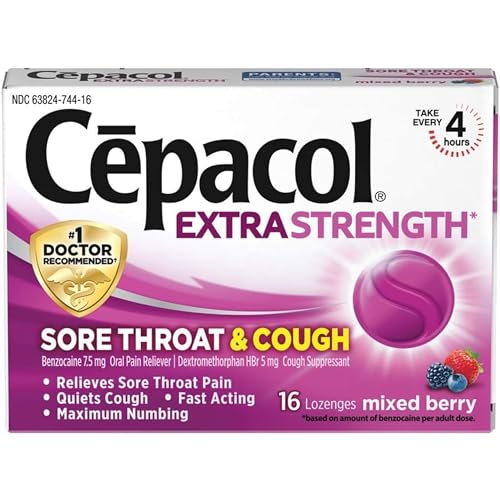 Cepacol Extra Strength Sore Throat Relief Lozenges, Mixed Berry Cough Drops, Maximum Numbing- Fast Acting Sore Throat & Canker Sore Relief with Dextromethorphan & Benzocaine, 16 Count